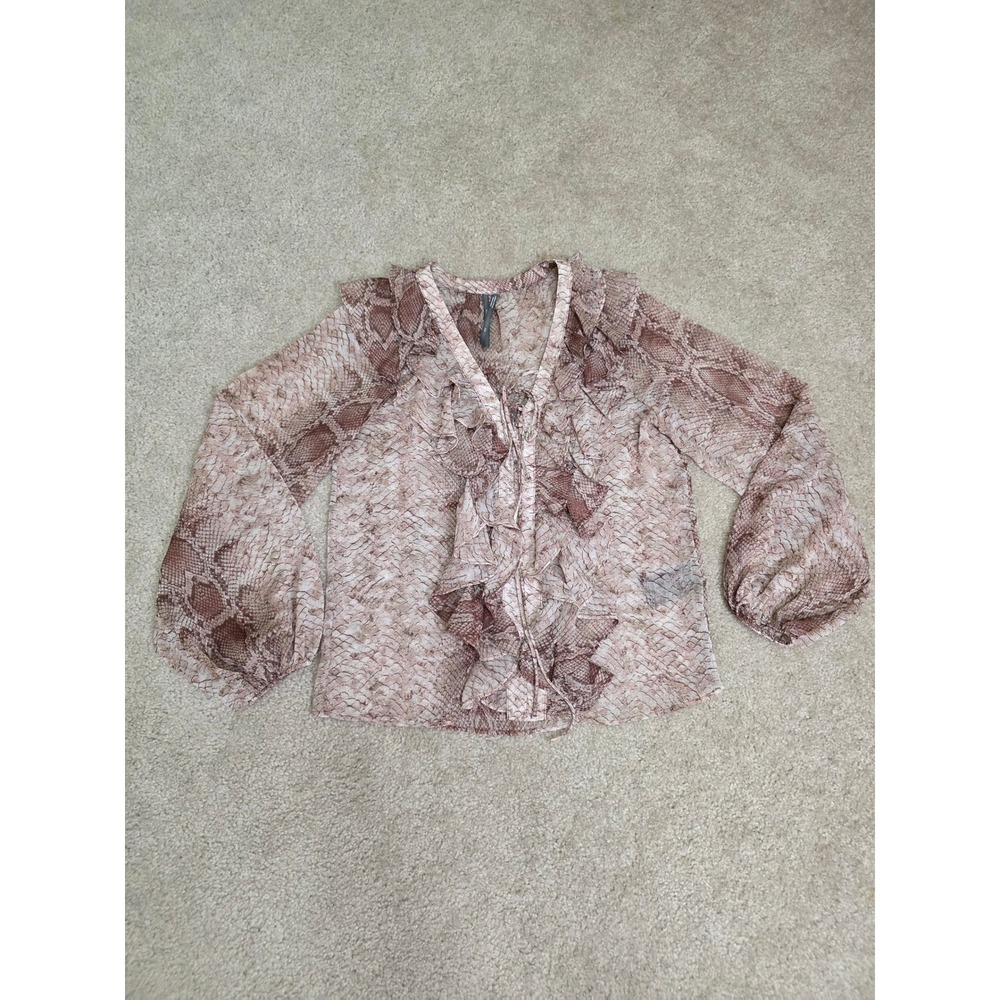 Anthropologie Snakeskin Ruffle Blouse Brown Tan Animal Print Sheer Top XXS
